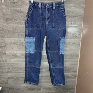 Pacsun Womens Jeans Cargo Blue Denim Two Tone Pockets High Rise Medium Wash 28